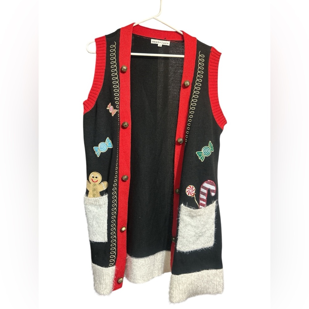 Mesh + Lace Holiday Candy Cane & Gingerbread Button Sweater Vest | Size M